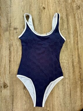 Gucci Navy Blue Logo One-Piece with White Trim